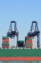 Two Large Loading Cranes with Containers on boat