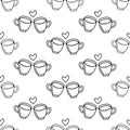 Two large mug of coffee or cocoa hand-drawn for lovers. Vector seamless doodle pattern on white background. Design for