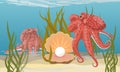 Two large red octopuses guard the pearl in the shell