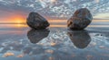 Two large rocks sitting on a beach at sunset, AI Royalty Free Stock Photo