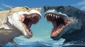 Two large sharks-like monsters fighting with their mouths open in the ocean, AI