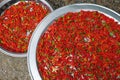 Tiny red and green chili peppers at a market in Luang Prabang, Laos