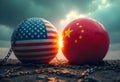 Two large spherical objects rest on a surface, wrapped in chains. The left sphere features the design of the American flag with st Royalty Free Stock Photo