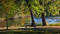 Two large trees by the lake with picnic table in the park