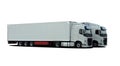 Two large trucks with semi trailer on a white background