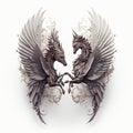 two large winged animals are facing each other with wings spread out to form a heart shape, on a white background, with a white