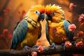 Two yellow blue parrots sit on a branch on orange background. Generative AI Royalty Free Stock Photo