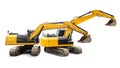 Two large yellow excavators stand side by side on a clean white background, showcasing their powerful design and capability in Royalty Free Stock Photo