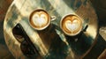 Couple of Heart Latte Art Coffee Cups and Sunglasses on Rustic Table Royalty Free Stock Photo