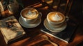 Artistic Latte Coffee Cups with Latte Art on Saucers, Beside Old Books and Spoon Royalty Free Stock Photo