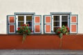 Two lattice windows with red and grey painted shutters, flower pot with geranium, concrete facade