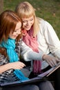 Two laughing sisters with photo album in the park