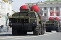 Two launchers air defense missile systems s-300PM on the March. Rehearsal of parade in honor of Victory Day in St. Petersburg