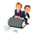 Two lawyers dragging huge briefcase full of papers