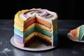 two-layer cake with alternating stripes of different frosting colors