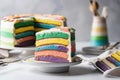 two-layer cake with alternating stripes of different frosting colors