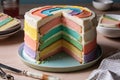 two-layer cake with alternating stripes of different frosting colors