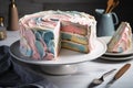 two-layer cake, frosted with swirls of pastel pink and blue icing