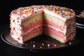 two-layer cake, with pink frosting and sprinkles on top layer and white frosting and sprinkles on the bottom