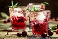 Two-layer cocktail with cranberry vodka, rosemary, soda and ice, vintage wooden background, selective focus Royalty Free Stock Photo