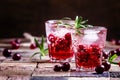 Two-layer cocktail with cranberry vodka, rosemary, soda and ice, vintage wooden background, selective focus Royalty Free Stock Photo