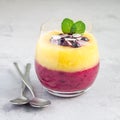 Two layer smoothie with black currant, quick oats, yogurt and pineapple, banana, square format