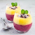 Two layer smoothie with black currant, quick oats, yogurt and pineapple, banana, square format