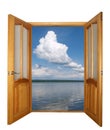 Two-leaf wooden door and clouds isolated Royalty Free Stock Photo