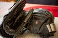 Two baseball gloves on a table Royalty Free Stock Photo