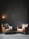 Two leather lounge chairs in a dark and darkened room, in the style of light gray and light brown, the helsinki school, neo-