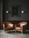 Two leather lounge chairs in a dark and darkened room, in the style of light gray and light brown, the helsinki school, neo-