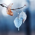 two leaves on a branch with frost on them Royalty Free Stock Photo