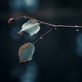 two leaves hanging from a branch with water droplets on them Royalty Free Stock Photo