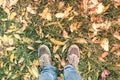 Two legs in jeans and sneakers on green grass and fallen autumn Royalty Free Stock Photo