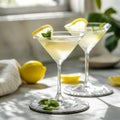 Two lemon drop martinis on sunny kitchen counter. Royalty Free Stock Photo