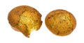 Two lemon pepper breakfast muffins on a white background