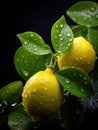 Two lemons on branch with water droplets on black background