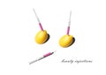 Two lemons and three syrihges with pink liquid isolated on the white background, beauty injections text, horizontal, vector