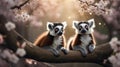 Adorable Ring-tailed Lemurs Posing on a Cherry Blossom Branch Royalty Free Stock Photo