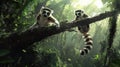 Two Lemurs Perched on a Branch in Lush Green Jungle Royalty Free Stock Photo