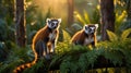Two Adorable Red Ruffed Lemurs Sitting on a Lush Green Fern Covered Branch in a Forest Royalty Free Stock Photo