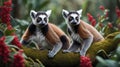 Two Ring-tailed Lemurs Perched on a Mossy Branch in Lush Greenery Royalty Free Stock Photo