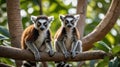 Two Cute Ring-Tailed Lemurs Sitting on a Tree Branch in a Lush Green Forest Royalty Free Stock Photo