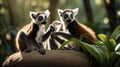 Ring-tailed Lemurs Bonding and Grooming in Tropical Forest Setting on a Sunny Day Royalty Free Stock Photo