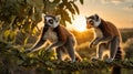 Two Ring-tailed Lemurs Sitting on a Branch During Golden Hour in Madagascar Royalty Free Stock Photo