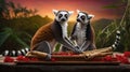 Two Ring-tailed Lemurs at Sunset, Sharing Red Petals Royalty Free Stock Photo