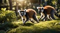 Two Ring-tailed Lemurs Playing in Sunlight, Madagascar Wildlife Royalty Free Stock Photo