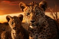 Two leopard cubs with curious eyes sitting in the golden light of sunset, surrounded by grass. Royalty Free Stock Photo