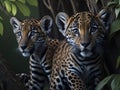 two leopard cubs hiding among the trees Royalty Free Stock Photo