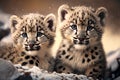 Two leopard cubs in the snow. 3d illustration. Royalty Free Stock Photo